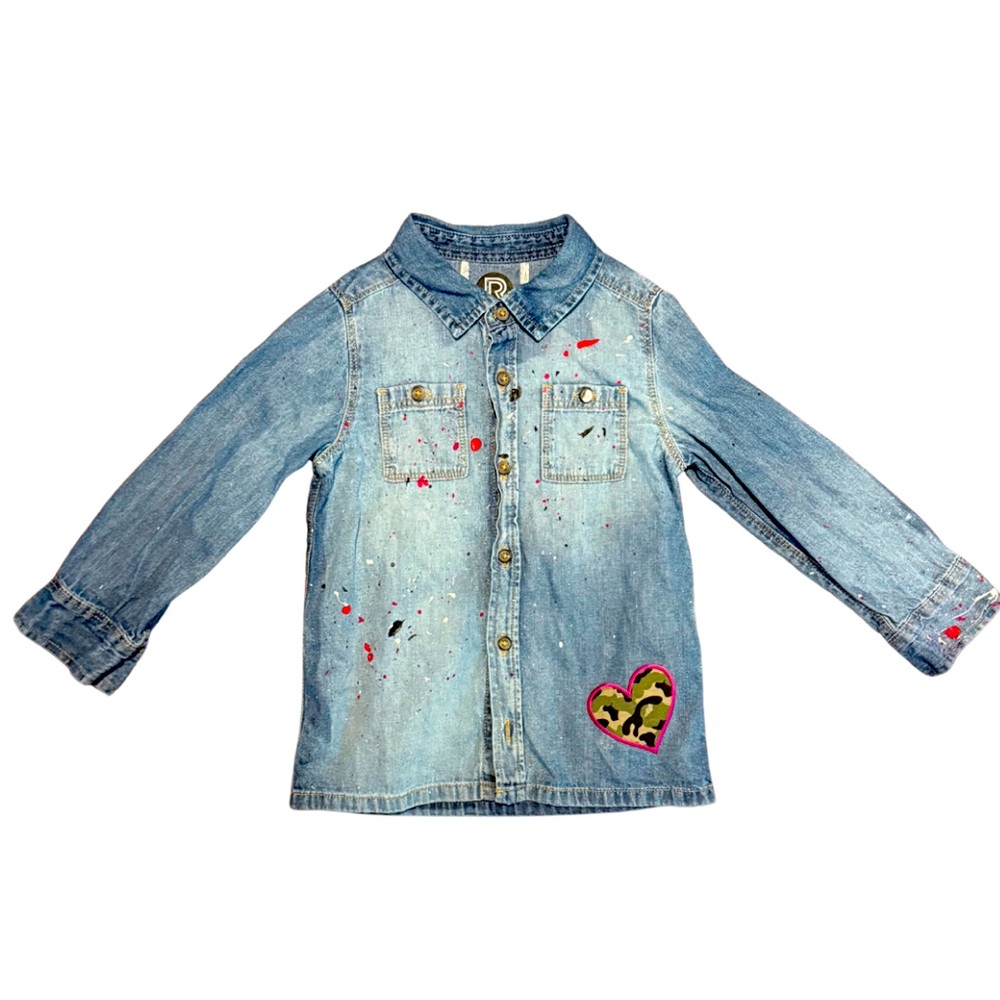 Ruli N Rylan Toddler Jean Shacket with pink and black splatter and patches 5T